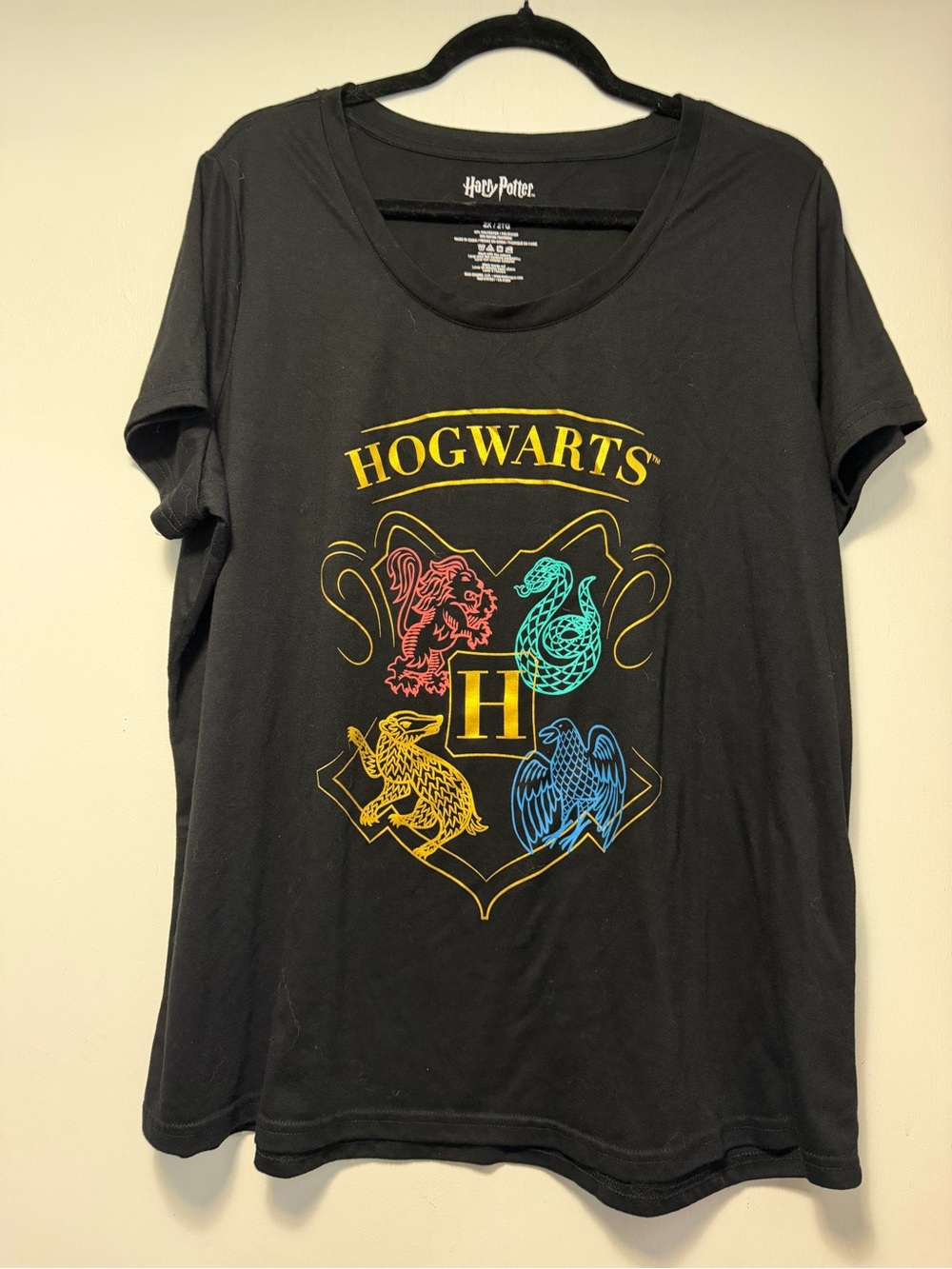 Black Harry Potter Hogwarts Crest Short Sleeve Tee Shirt Size 2XL